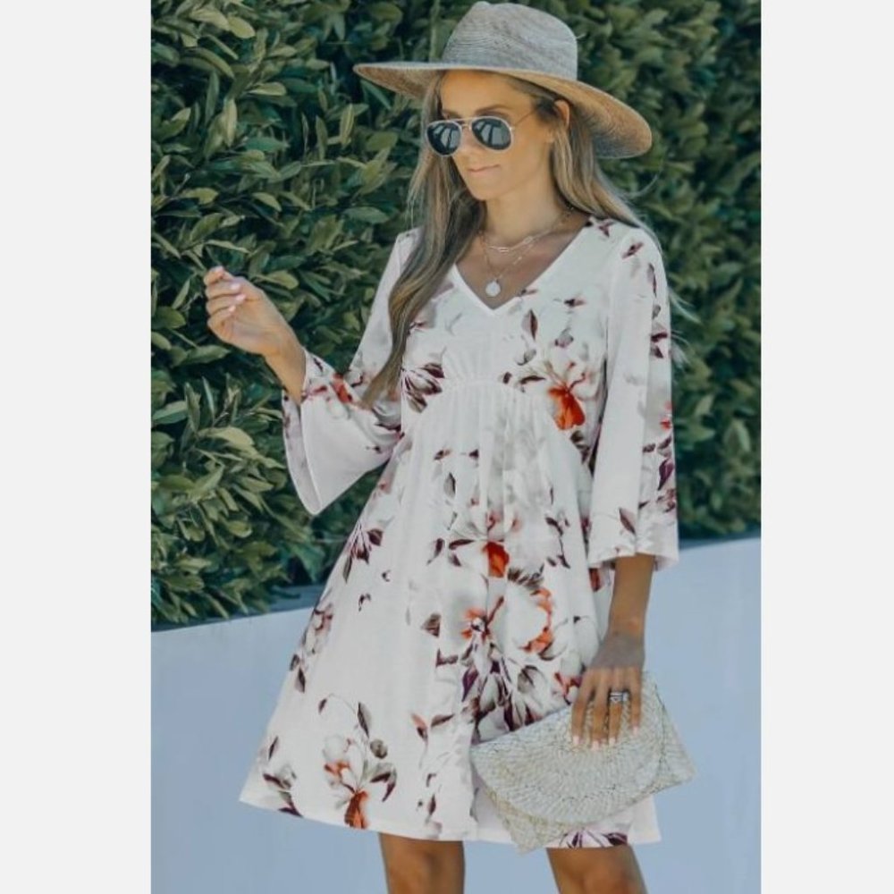 NEW Floral Sz Medium Empire Waist Stretchy Knee Length Beach Dress SURF GEAR